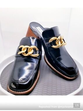 Steve Madden Black Patent Leather Loafers with Gold Chain Accent